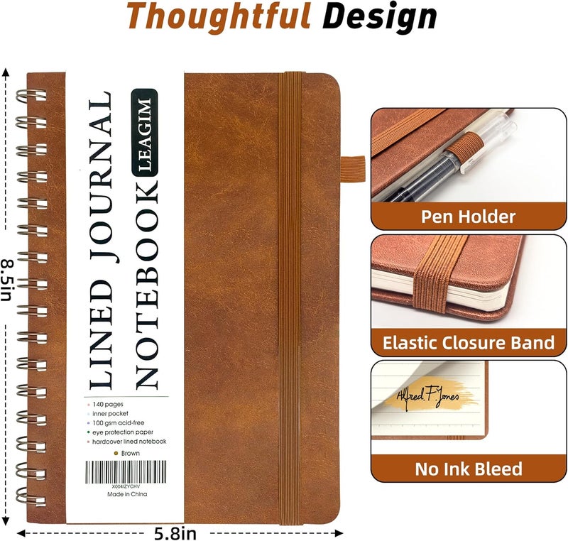 LEAGIM Lined Spiral Journal Notebook for Women & Men, College Ruled Hardcover Notebook for Work & Note Taking, Journals for Writing, 100 GSM, Business, School, 140 Pages, A5(5.8"x8.5") - Brown - Image 4